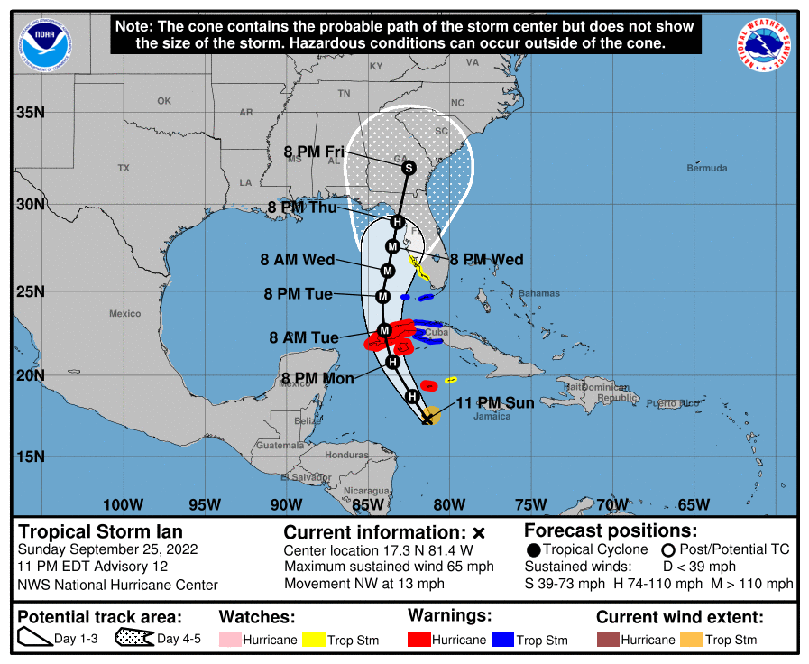 The projected path of Tropical Storm Ian as of 11 p.m. Sept. 25 via National Hurricane Center.