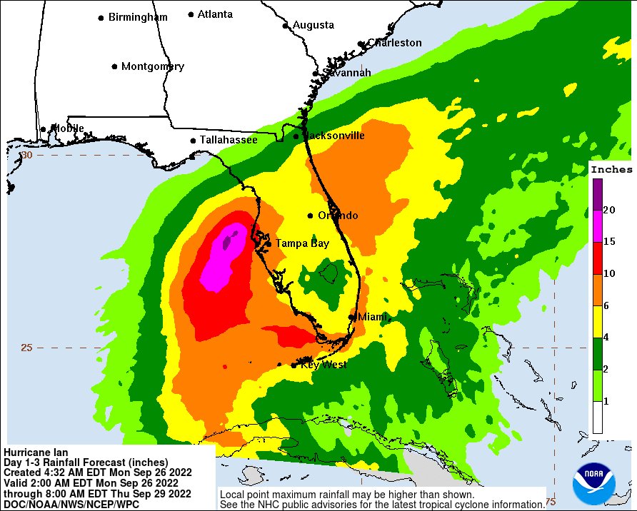 Potential rainfall in Florida from 2 a.m. Monday to 8 a.m. Thursday via National Weather Service.