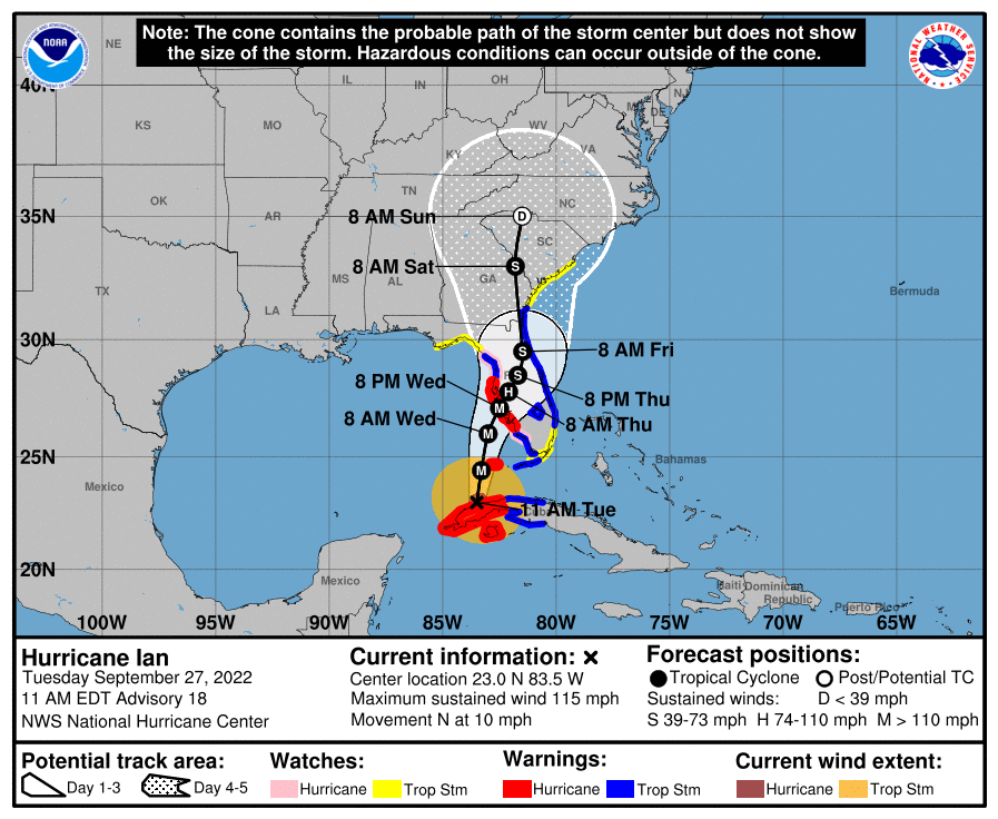 The projected path of Hurricane Ian as of 11 a.m. Sept. 27 via National Hurricane Center.