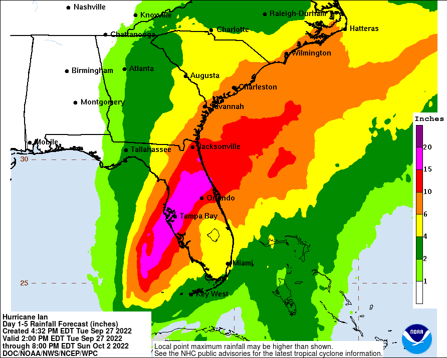 Potential rainfall in Florida from 2 p.m. Tuesday, Sept. 27 to 8 p.m. Sunday, Oct. 2 via National Weather Service.