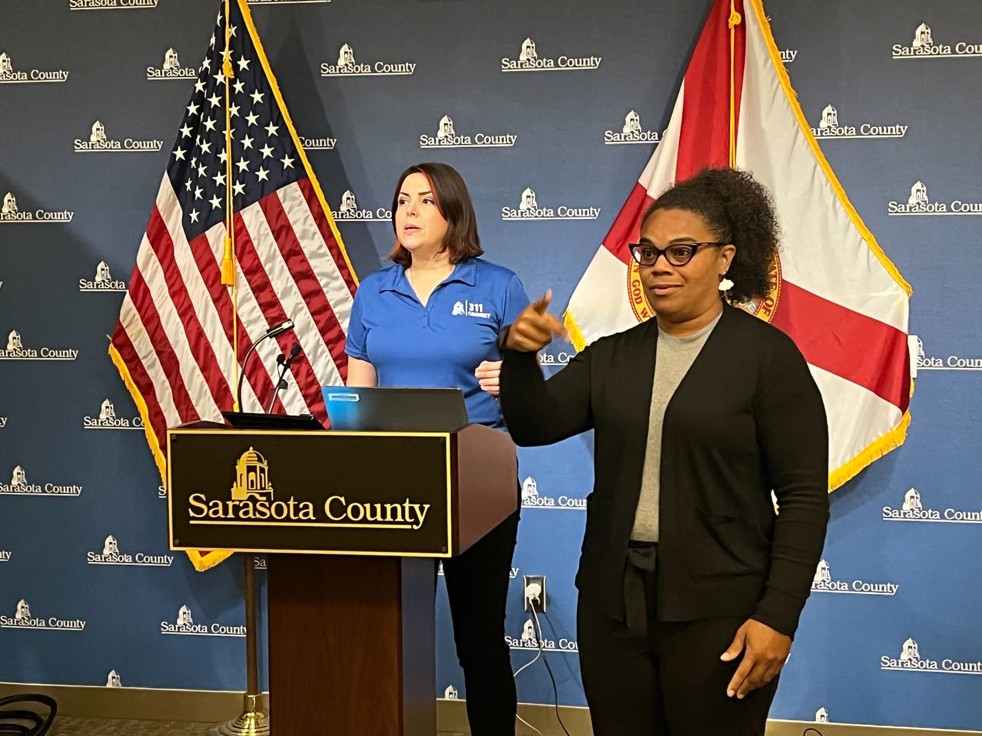 Jamie Carson, director of communications for Sarasota County, urges Zones A and B residents to leave before winds hit 45 mph. (Photo by Kaelyn Adix)