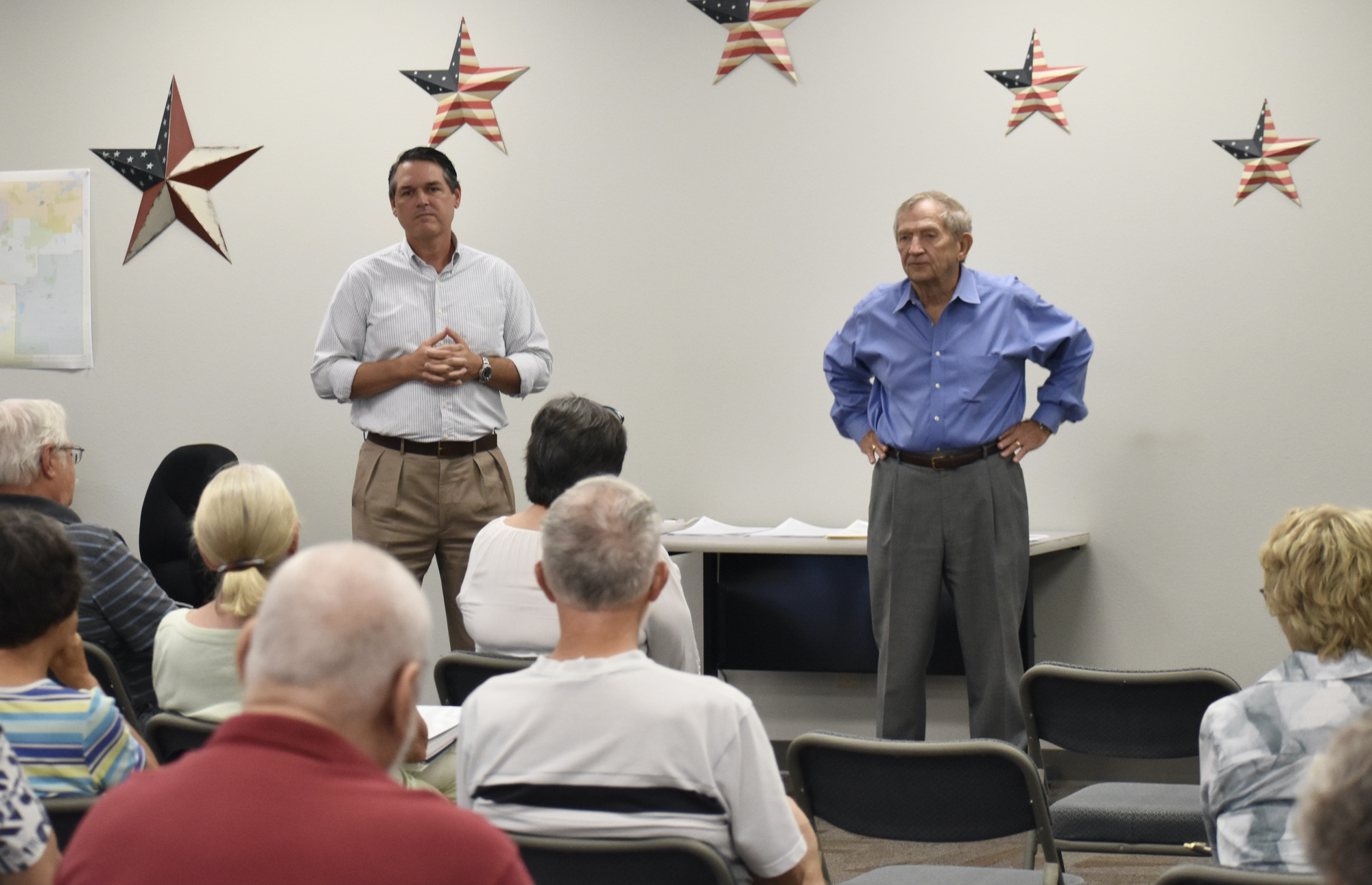 Secretary of State of Florida Cord Byrd and Manatee County Supervisor of Elections Michael Bennett address attendees at a poll worker class.