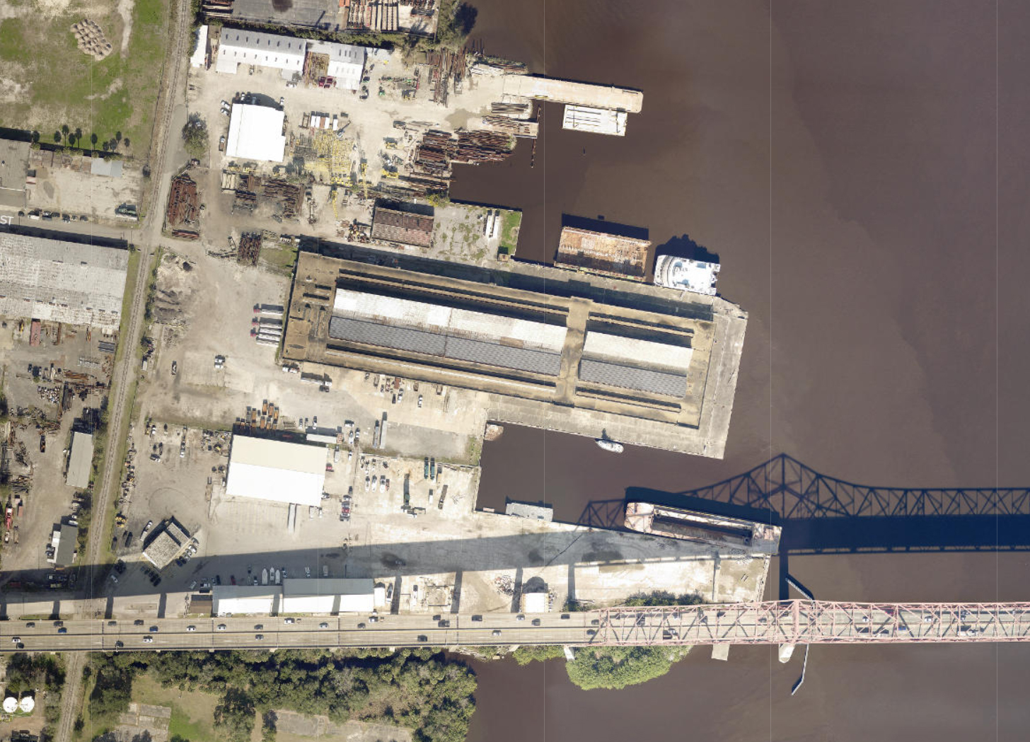 A satellite image of the former Ford Motor Co. factory. The 14.64-acre site is north of the Mathews Bridge.