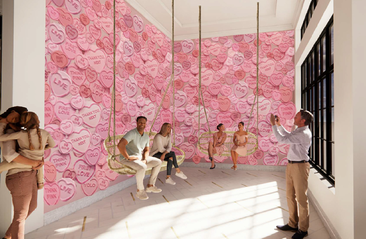 An artist's rendering of the candy heart wall inside the Sugar Factory.
