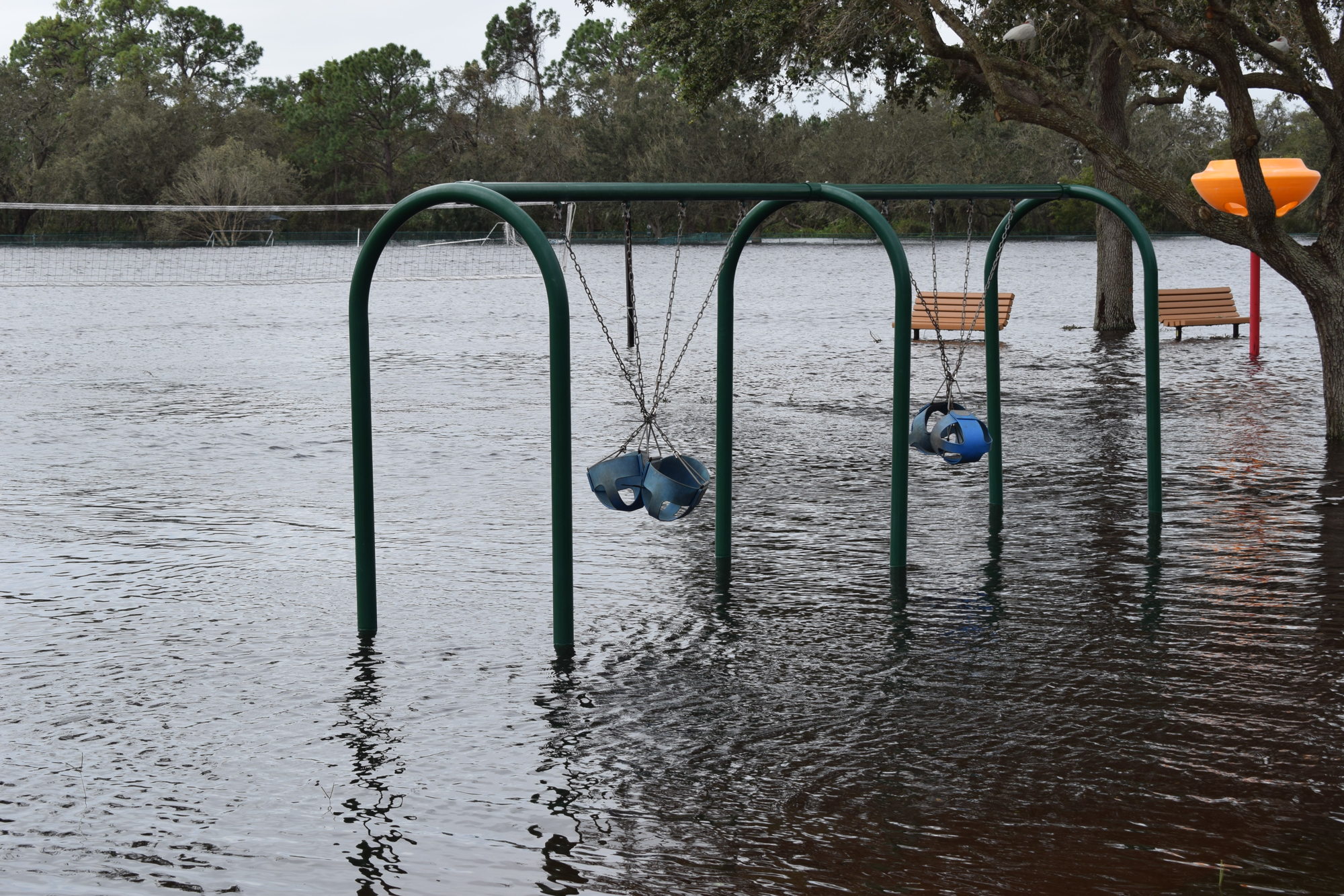 The baby swings at the Greenbrook Adventure Park in Lakewood Ranch offer an additional challenge after Hurricane Ian went through the area. (Photo by Jay Heater)