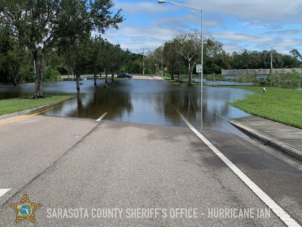 The Sarasota County Sheriff's Office shared 3:49 p.m. Thursday on social media an image of McIntosh Road north of Bahia Vista closed for flooding.