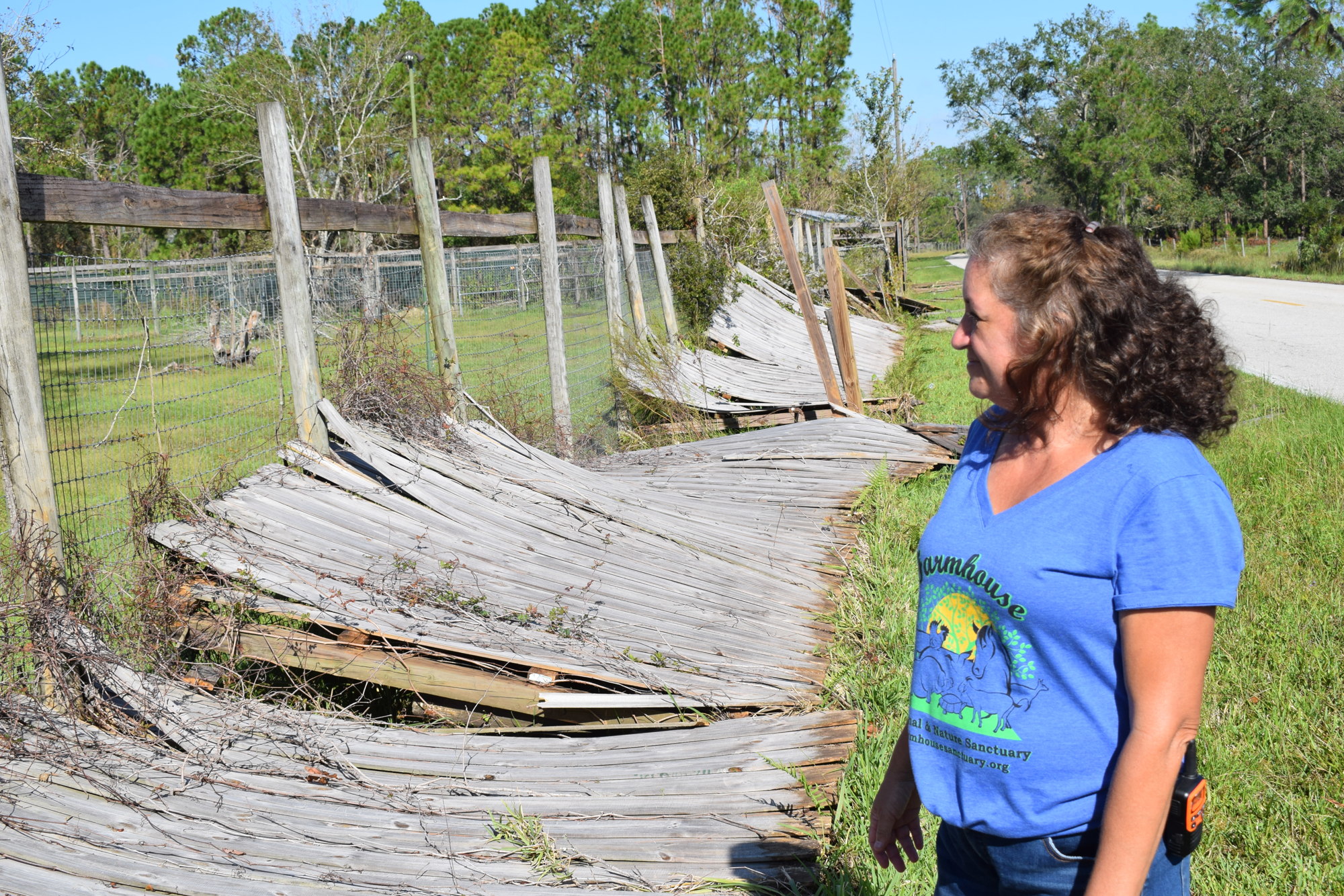 Lisa Burns looks over a length of the 8-foot fence that was destroyed. Photo by Jay Heater