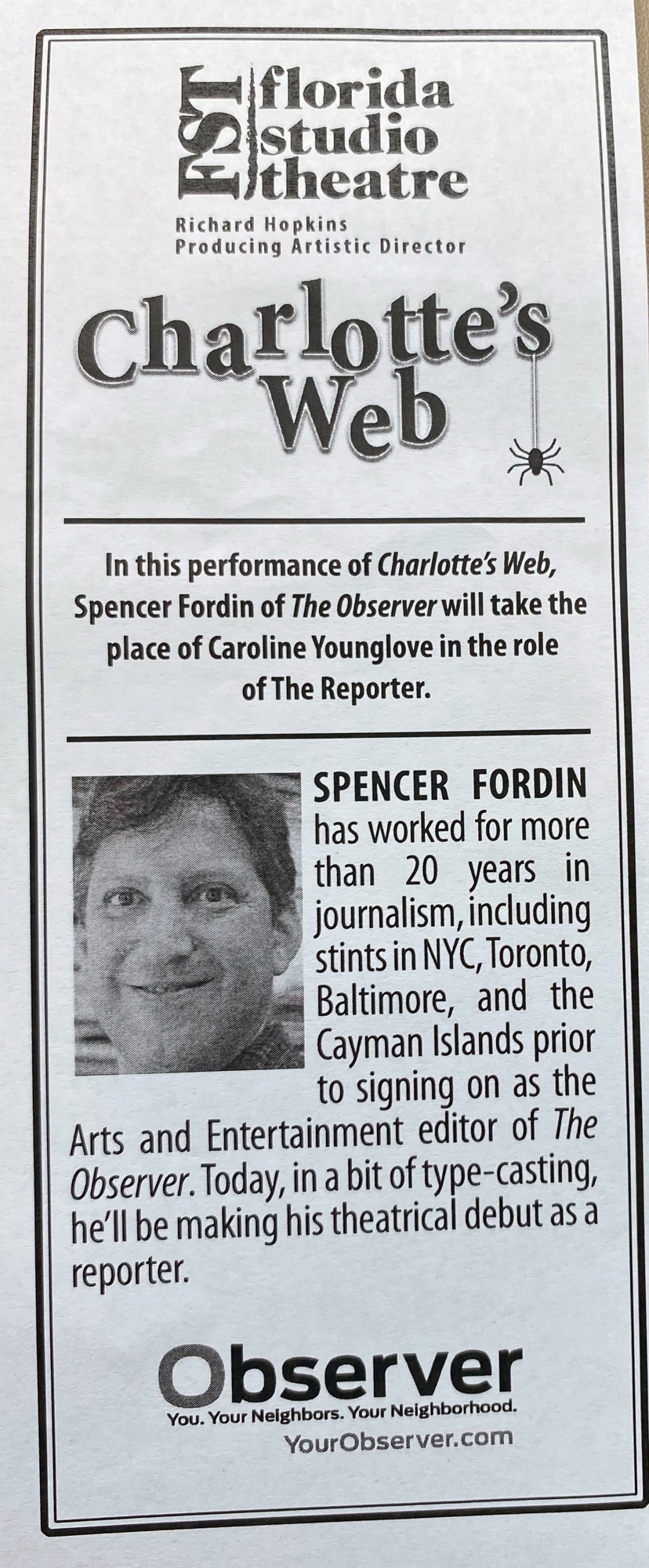 Florida Studio Theatre went to the great lengths of publishing a temporary playbill for the reporter's appearance. (Photo by Spencer Fordin)