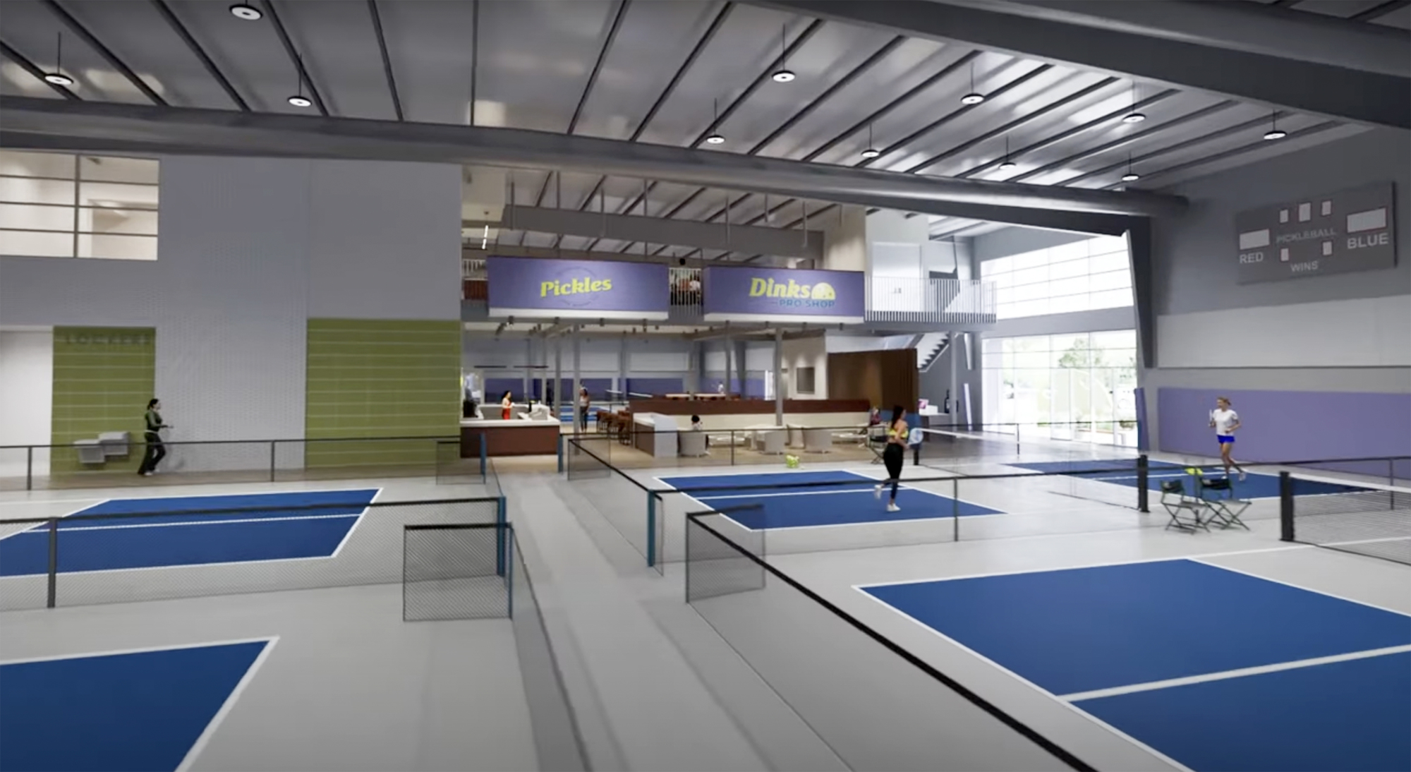 The Pickleball Club is expected to have 12 indoor courts and four outdoor courts, plus a pro shop, a small cafe and other amenities. Renderings show what it will look like. (Courtesy photo)