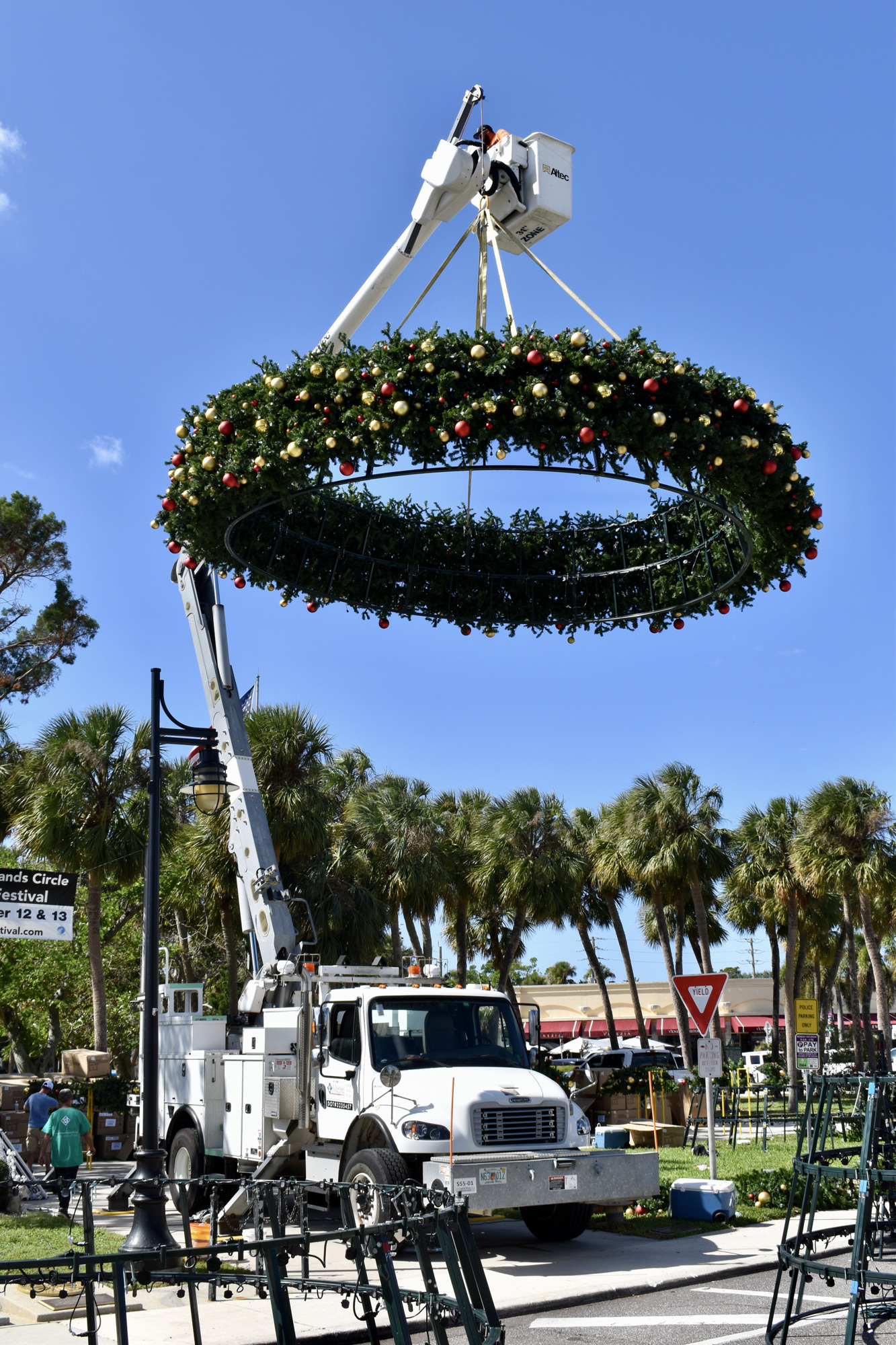 The first assembled and decorated segment is lifted into place. (Eric Garwood)