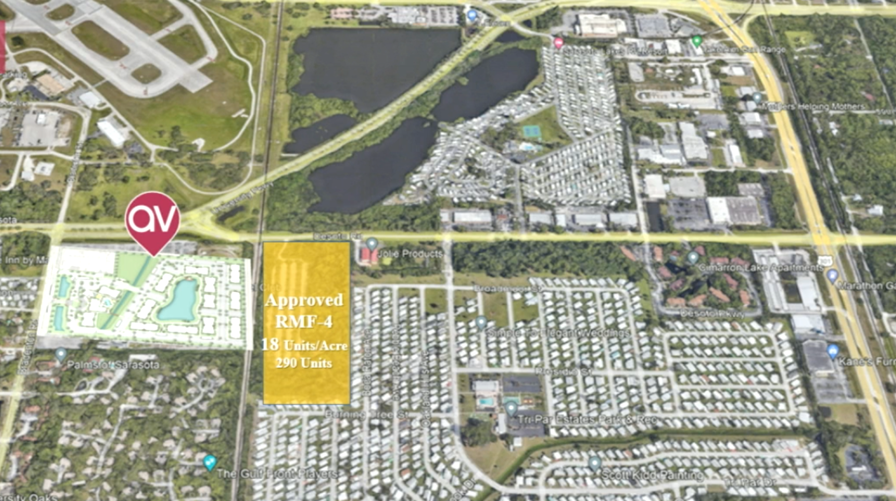 Aventon Companies plans to build a 372-unit apartment community, shaded in yellow, approximately 1,500 feet from the end of the runway at Sarasota-Bradenton International Airport. (Courtesy)