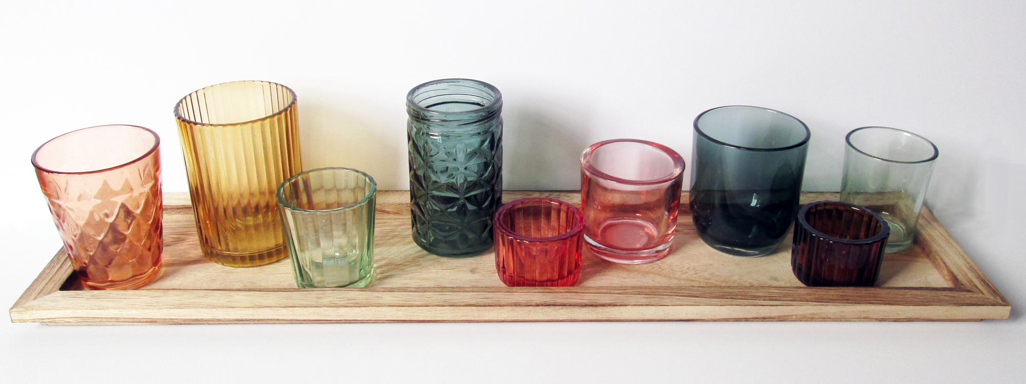 Wood tray with glass candleholders: $68