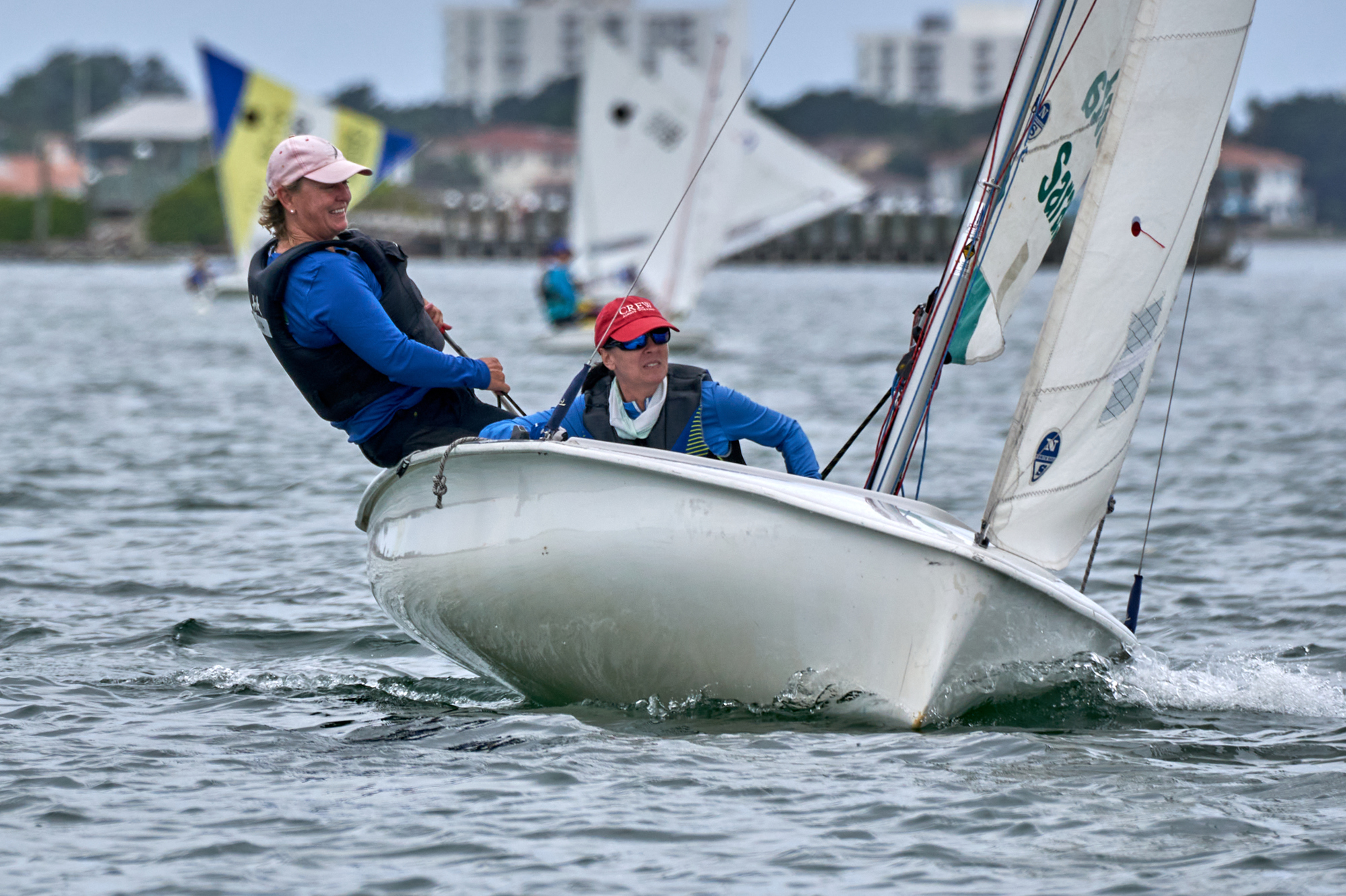 Donna Hillmyer (left) and Sandi Szmania sail a 420.  (Photo by Jennifer Joy Walker)