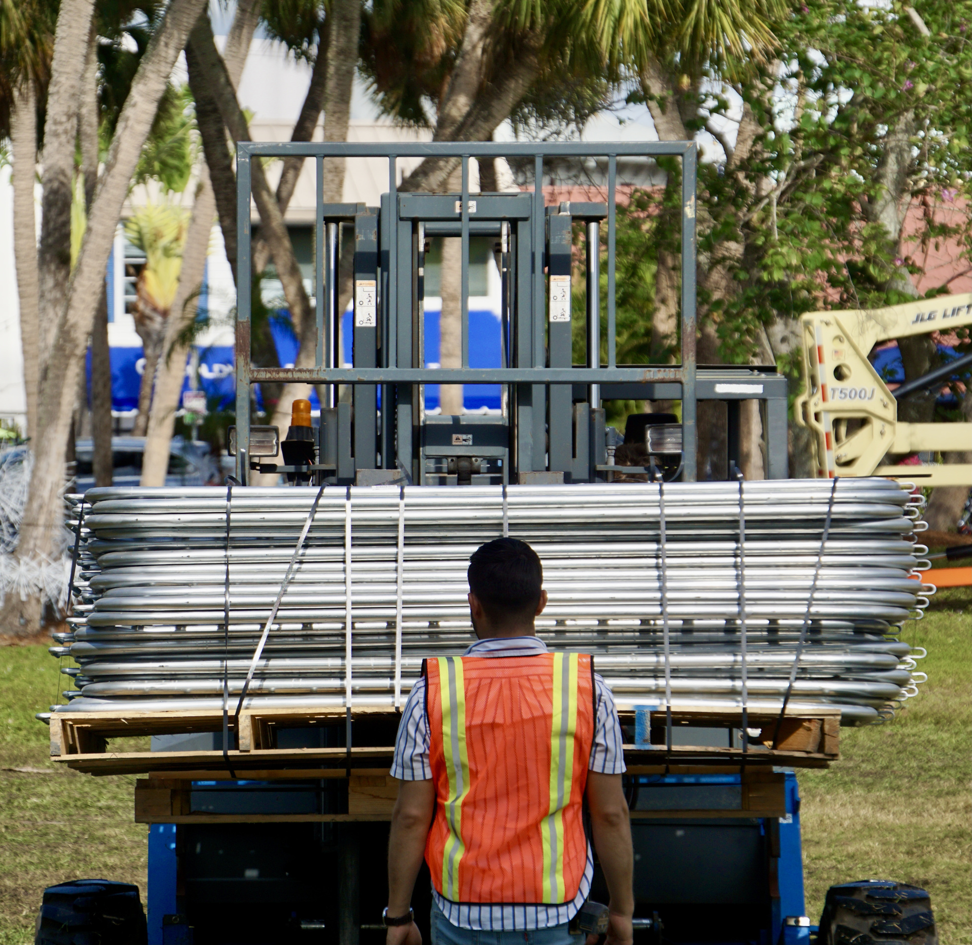 Work crews were preparing the park in St. Armands Circle on Monday for Friday's opening of the Winter Festival. (Eric Garwood)