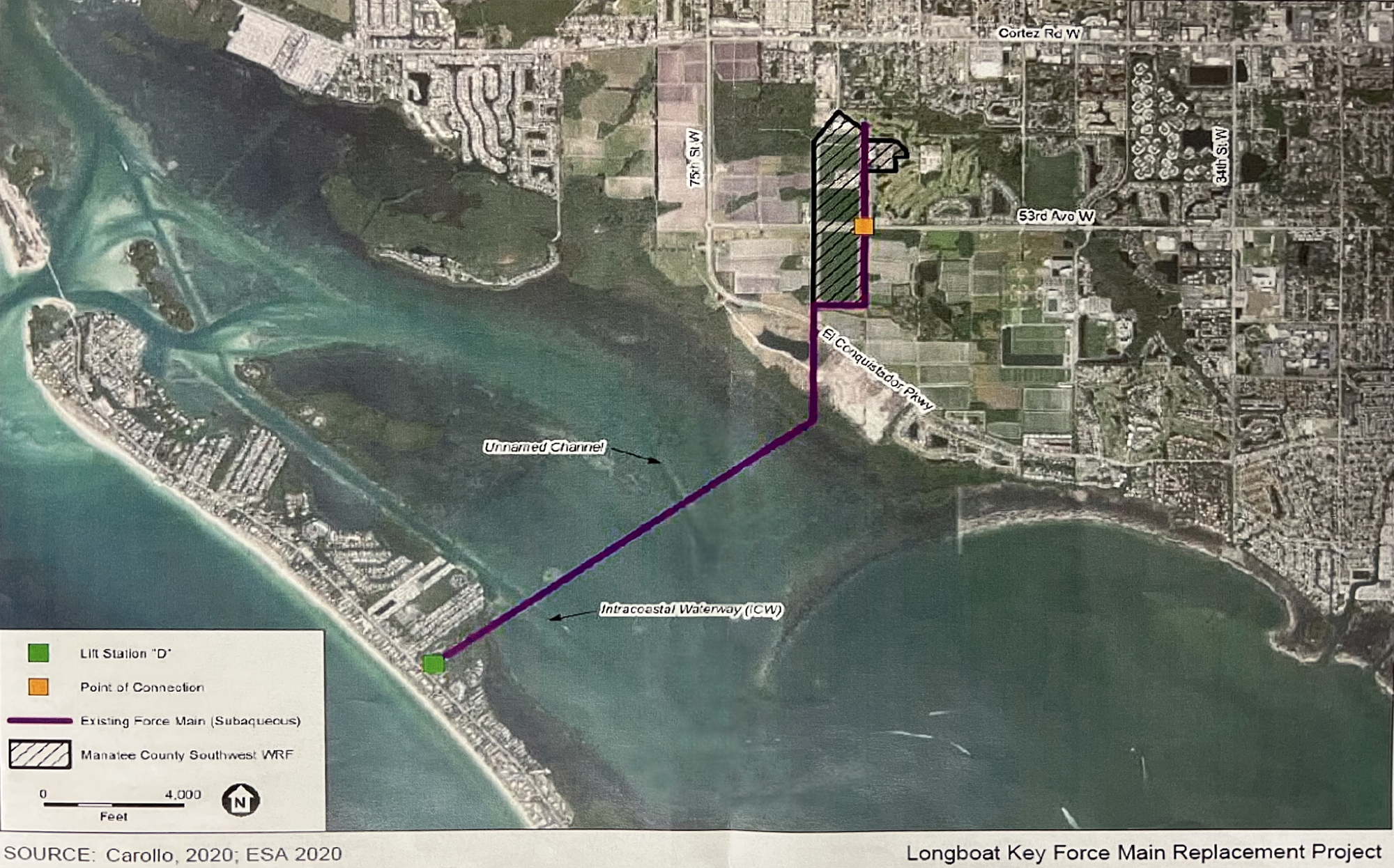 The purple line from the shore to the orange dot represents town-owned sewer line. (Courtesy rendering)