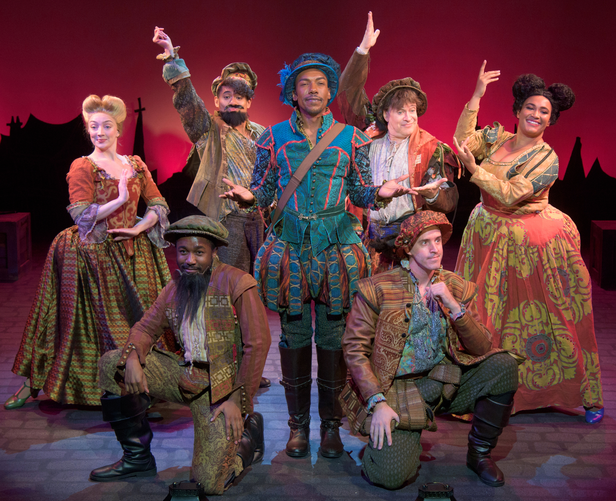 A colorful cast that includes Lauren Teyke, Jahir L. Hipps, Jordan De Leon, Travis Keith Battle, Kraig Swartz, BillyD Hart, and Olivia London star in Something Rotten! (Courtesy photo by John Jones.)