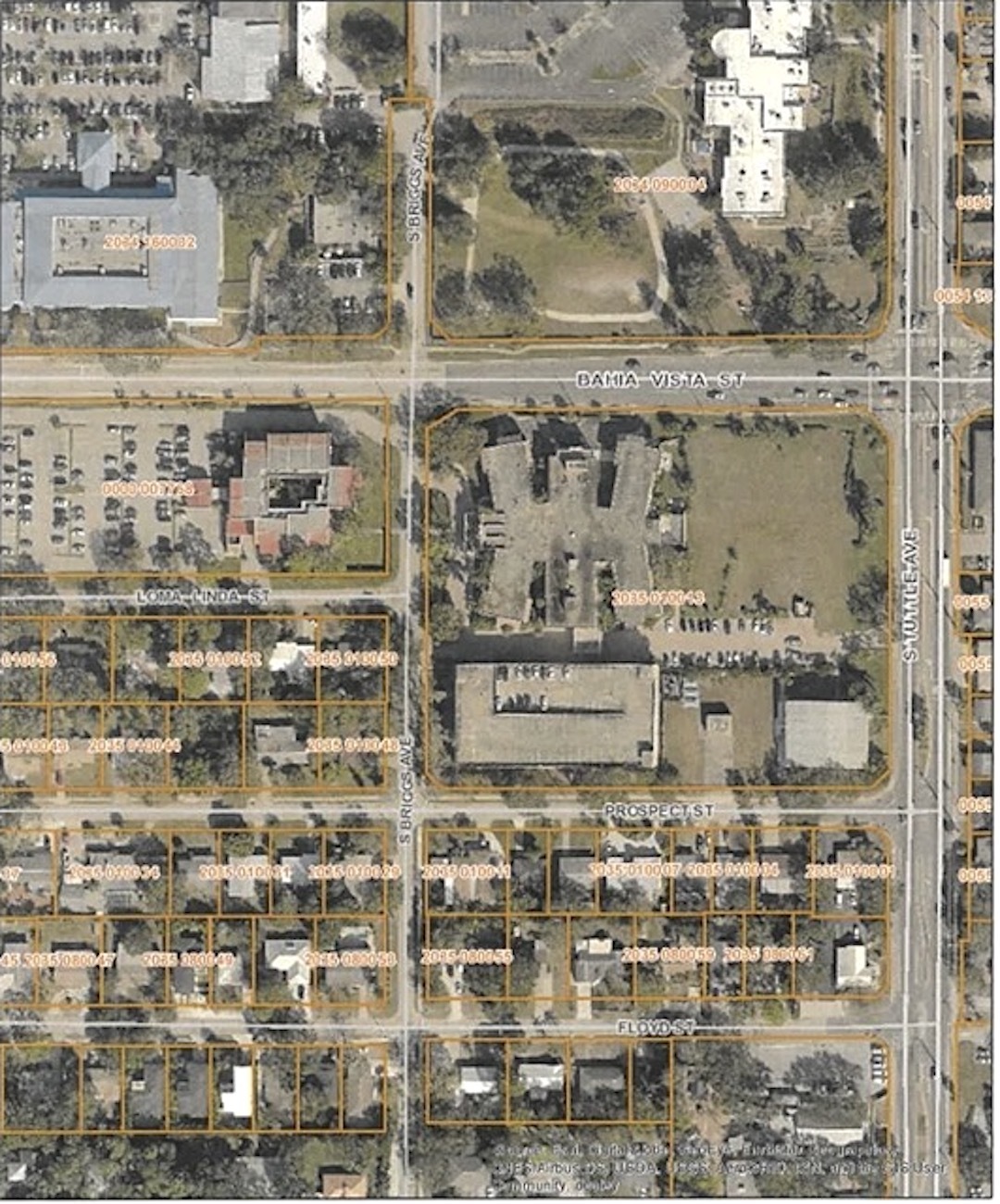 The proposed site of Bahia Vista Apartments is at the corner of southwest corner of Bahia Vista Road and South Tuttle Avenue. The existing parking garage is in the southwest corner of the parcel. (Courtesy)